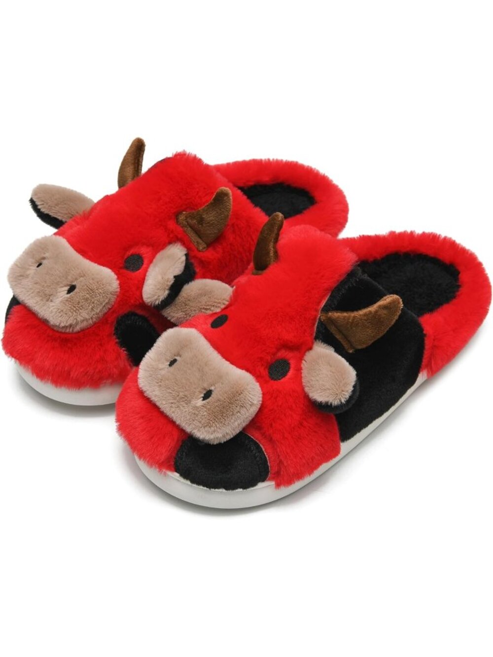 Women's Red Fluffy Cute Cozy Cartoon Fuzzy Cow Polyester Indoor Slippers